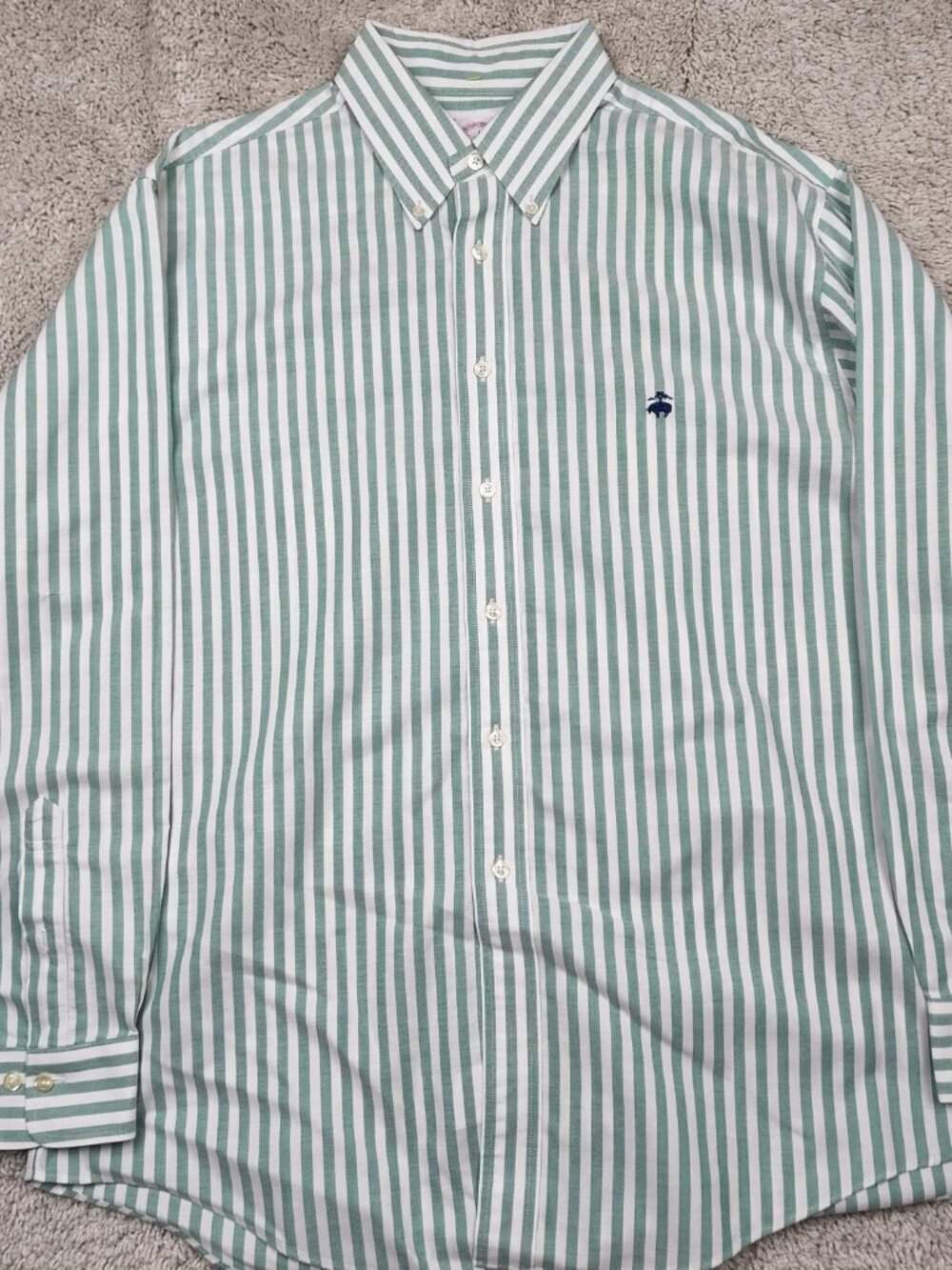 Brooks Brothers Button Down Shirt Mens Large L Green Oxford 100% Supima Stripe - Picture 2 of 7